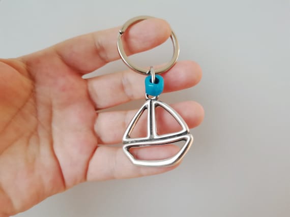 Sailboat keyring, alloy sailboat keychain with blue bead, nautical key chain of silver plated sailboat outline