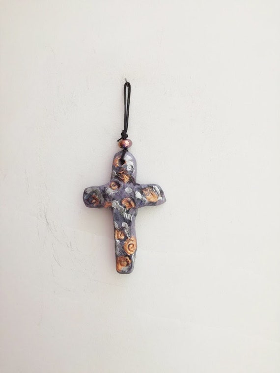 Boho ceramic cross, purple gold ceramic cross, earthenware clay handbuilt, unique cross, rustic cross wall hanging, Greek pottery cross