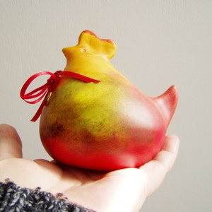 Easter hen in red yellow, ceramic chicken Easter decor image 1