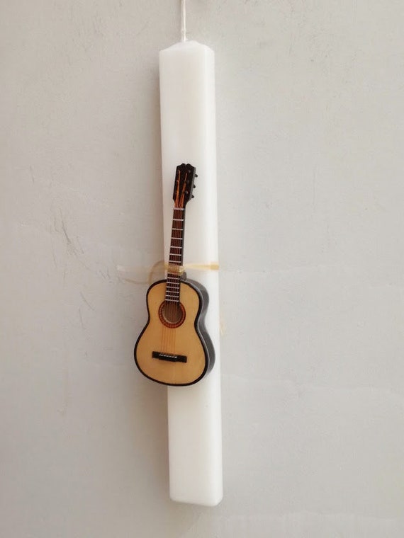 Greek Easter candle with guitar miniature, white Greek Easter candle with a vintage bouzouki miniature, made to order guitar easter candle