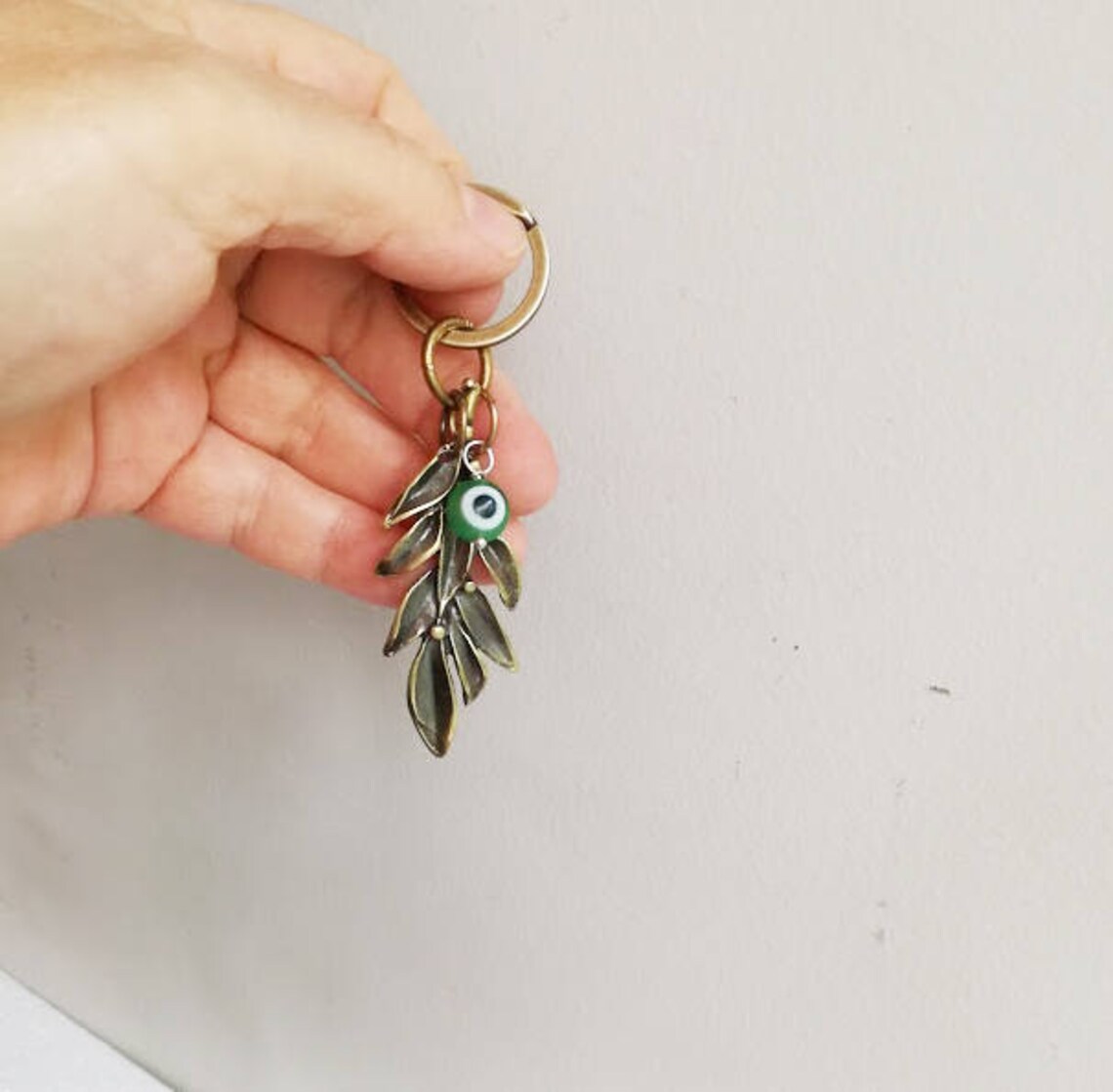 Olive Branch Keychain Brass Olive Branch With Green Eye Etsy