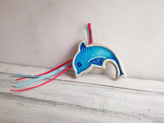 Blue dolphin wall hanging, ceramic blue dolphin for the wall, rustic boho dolphin, handbuilt dolphin wall hanging with cracked glaze