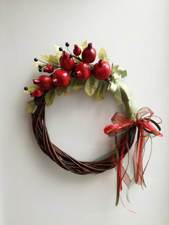 Pomegranate wreath, fall winter wreath of red pomegranates, polyester, life size, small pomegranates on wicker wreath, Xmas door wreath