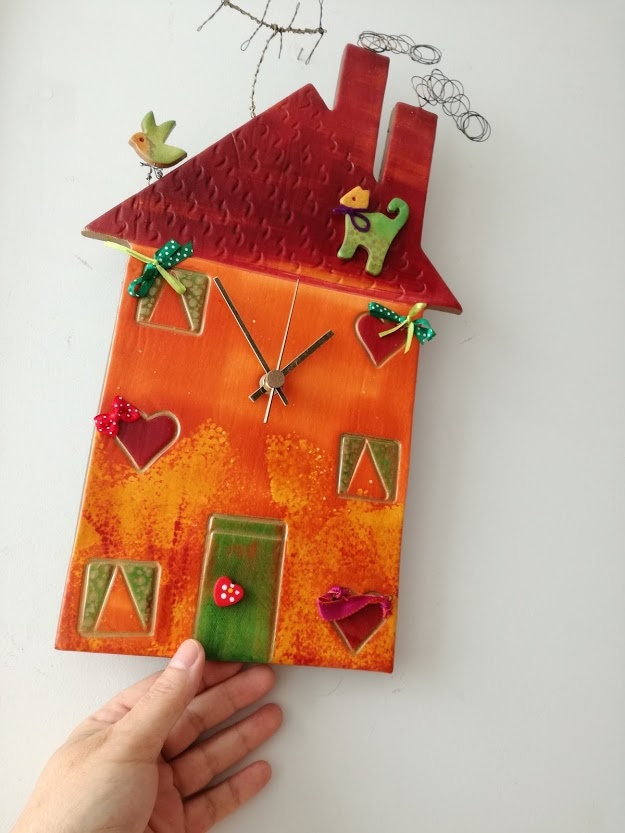 Red house clock, colourful ceramic house clock, house shaped wall clock
