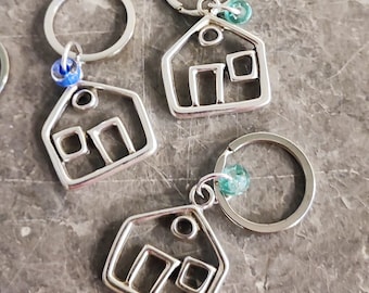 House keyring, silver house outline keychain with turquoise, glass bead, home key chain of silver plated, little house