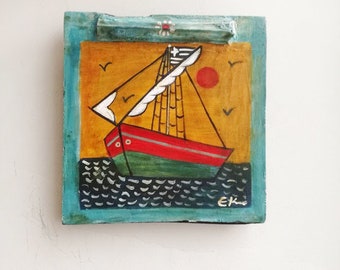 Greek sailboat folk painting, sailboat painting on salvaged wood, Greek folk art, art naif painting