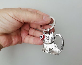 Smiling cat keyring, alloy cat key chain with red eye bead, Greek folk art key ring with cat and eye