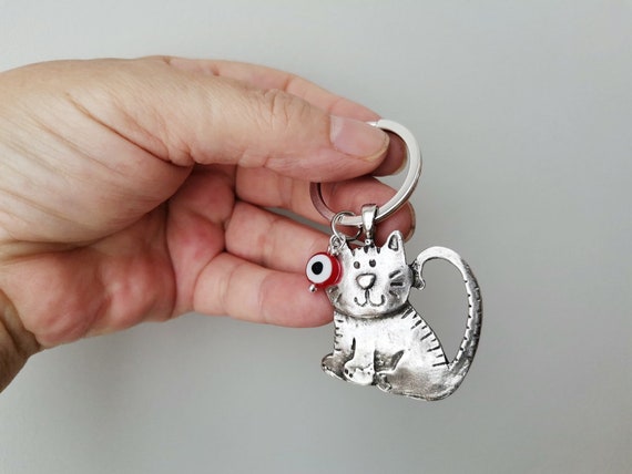 Smiling cat keyring, alloy cat key chain with red eye bead, Greek folk art key ring with cat and eye