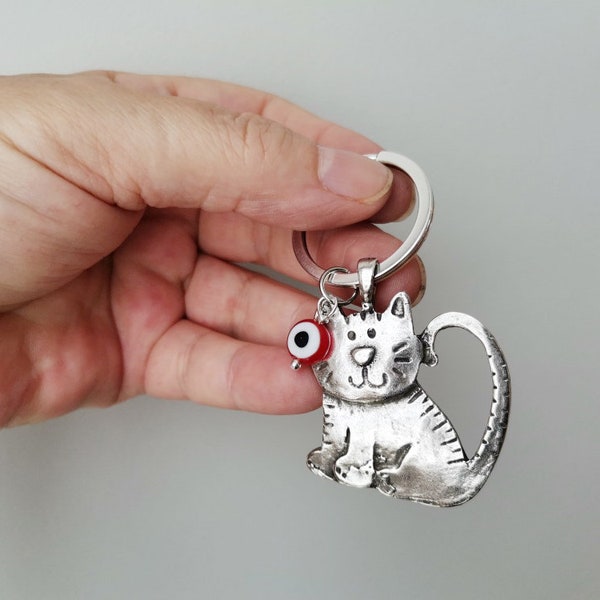 Smiling cat keyring, alloy cat key chain with red eye bead, Greek folk art key ring with cat and eye