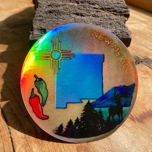 New Mexico Drum Zia Red Green Chile and Elk Holographic Vinyl Sticker Stocking Stuffer