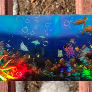 Sea Scene Octopus Sea Turtle Coral Jellyfish Bubbles Seascape Holographic Vinyl Sticker