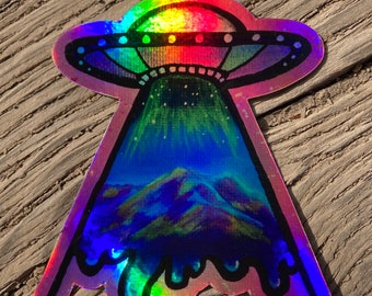 Abduct Mountain Alien Spaceship Ufo  Colorful Holographic Vinyl Sticker Stocking Stuffer