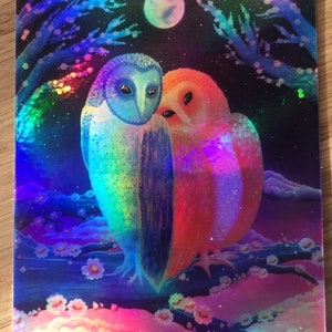 May include: A vibrant illustration of two owls perched on a branch under a full moon. One owl is blue and green, the other is red and orange. The background features a starry night sky and flowering branches.