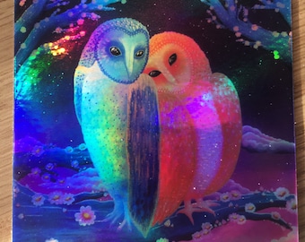 Radiant Arbors of the Moon Blue and Pink Barn Owls Cherry Blossom Tree Holographic Vinyl Sticker Stocking Stuffer