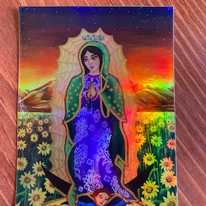 Zonnebloem Maria Maagd de Guadalupe Guadalupana Heilige Moeder Katholieke Taos Berg Holografische Vinyl Sticker Kous Stuffer