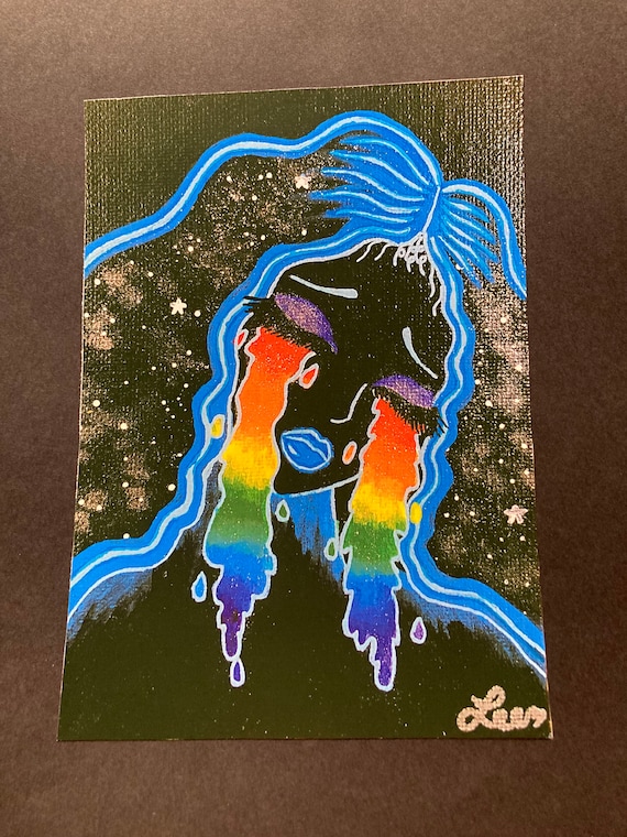 Fine Art Print Rainbow Tears Sad Crying Space Girl Stocking