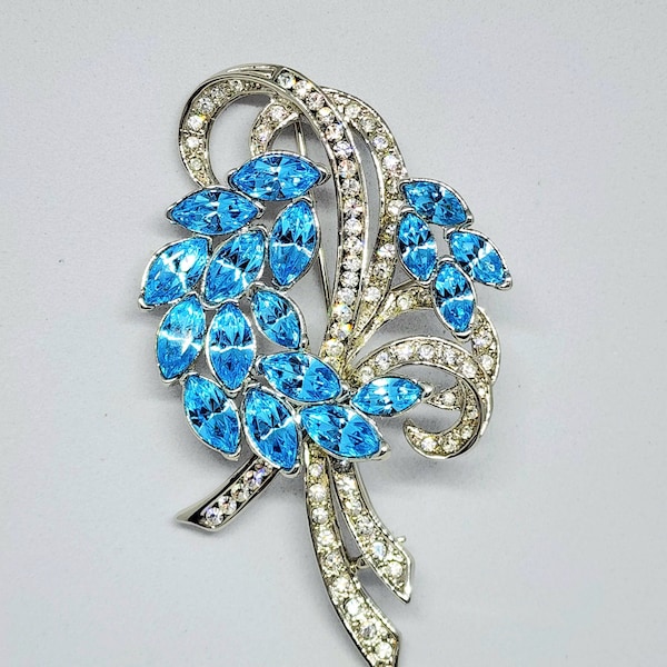 Vintage Ciro Signed Blue Topaz and Crystal Rhinestone Floral Spray Brooch Pin