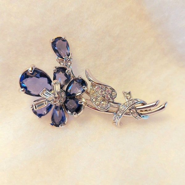 Vintage Nolan Miller Violet Purple and Crystal Rhinestone Flower Brooch Pin