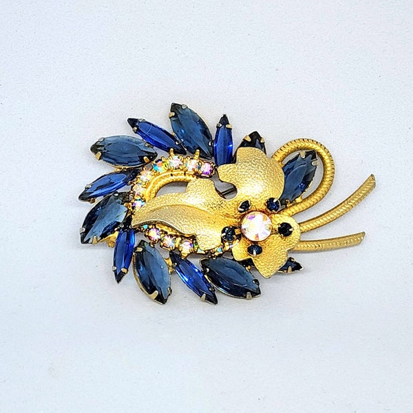 Vintage Verified DeLizza And Elster D&E Juliana Blue and Gold Leaf Figural Brooch Pin Book Piece