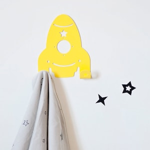 Retro Spaceship Coat Rack / Space Rocket Towel Hook / Rocketship Wall Art / Functional Wall Decor Yellow