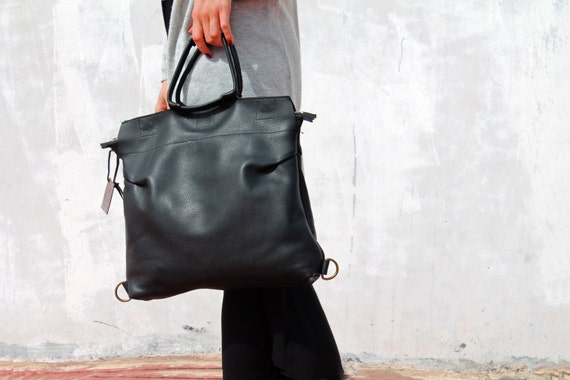 Black leather bag leather backpack for women laptop | Etsy