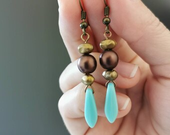 Brown and turquoise dangle bar earrings. Boho or hippie cute statement earrings.