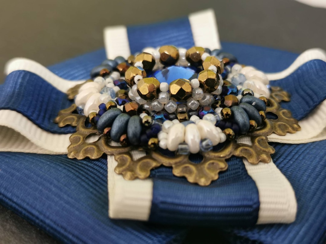 Blue Crystal Ribbon Brooch. Large Filigree Bow Tie College Style Brooch ...