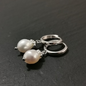 White pearl earrings for girlfriend Valentines day gift. Affordable natural pearl dangle earrings with silver ear wire. Unique wife present.