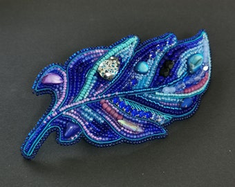 Large blue feather barrette for thick hair. Big colorful strong hold hair clip. Handmade hair accessory gift for women