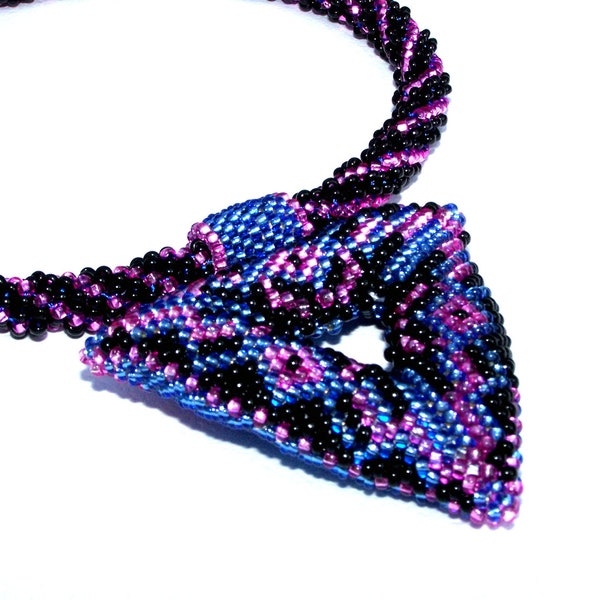 Blue Triangle Pendant. Handmade Beaded Pendant Necklace. Tribal Necklace. Violet Geometric Necklace. Purple Chocker Necklace.