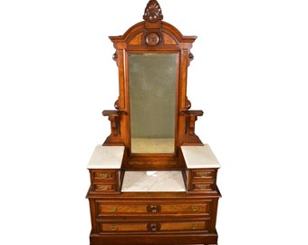 Antique Victorian Burl Walnut Marble Top Drop Center Dresser #21735