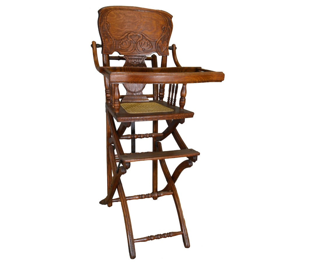 Antique High Chair, Victorian Stroller Oak Pressback Child's Chair
