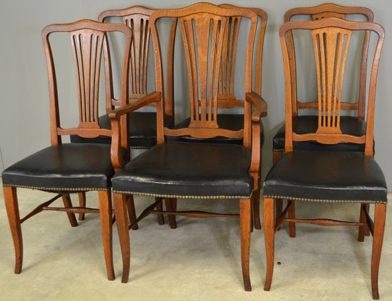 17716 Set Of 6 Oak Dining Chairs With Leather Seats Etsy