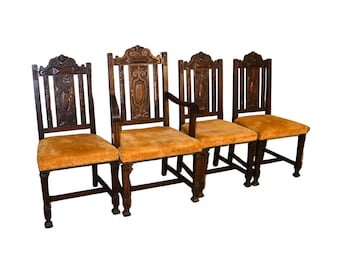 Antique Set of 4 Oak Carved Dining Chairs #21649C