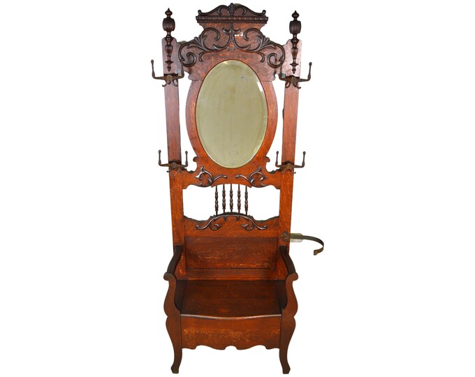 Antique Hall Tree, Oak Double Mirror Storage Bench 21037 Etsy