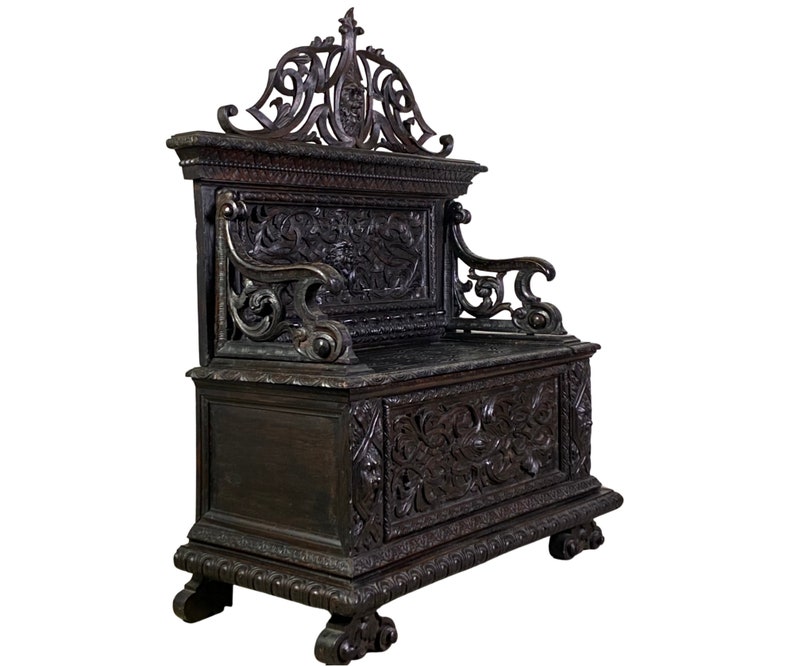 Diminutive Gothic Revival Carved Hall Bench #19942 