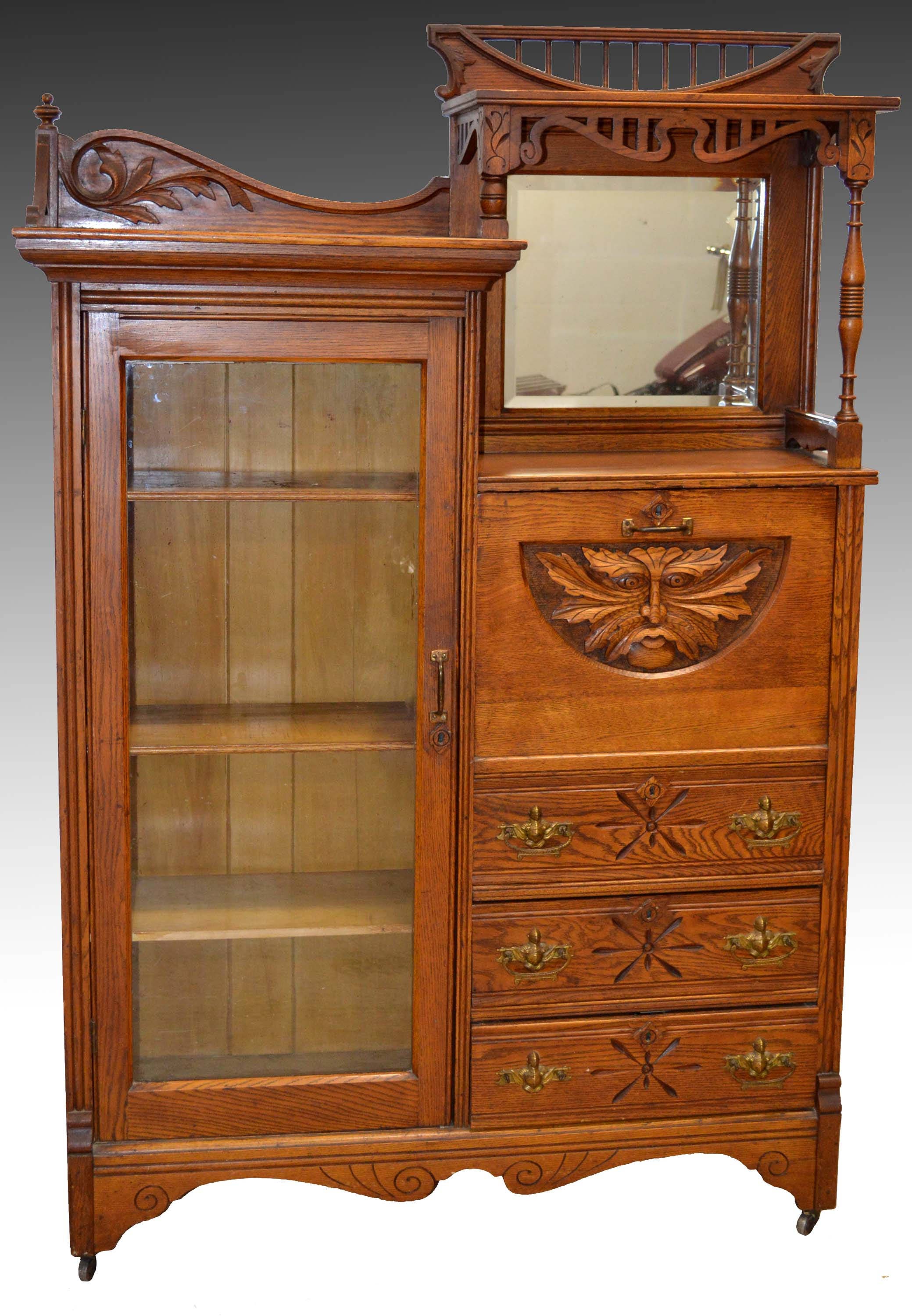 18220 Oak Carved Lion Face Side By Side Secretary Desk Etsy