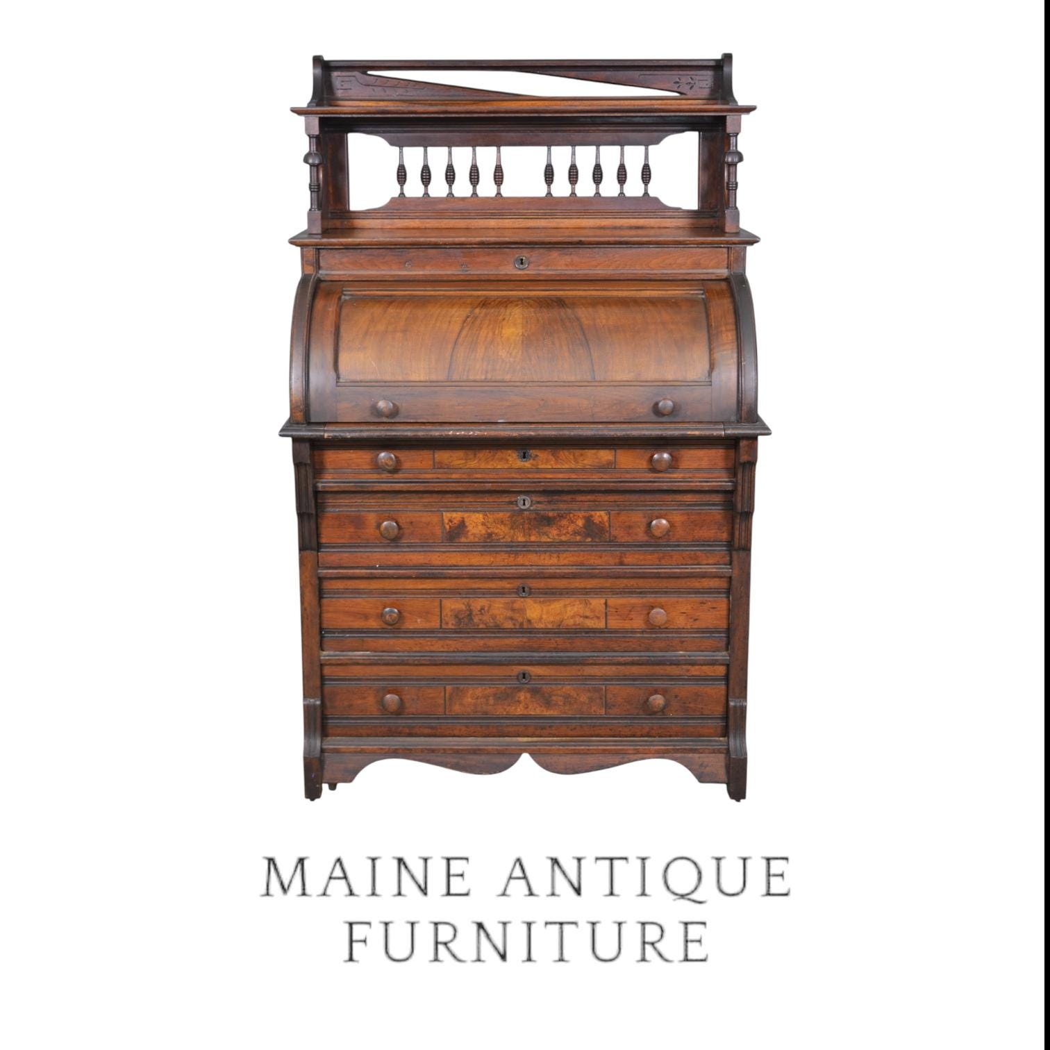 Antique Victorian Walnut Ladies Cylinder Secretary Desk, 1880s, Burl Walnut, Original Condition #22333