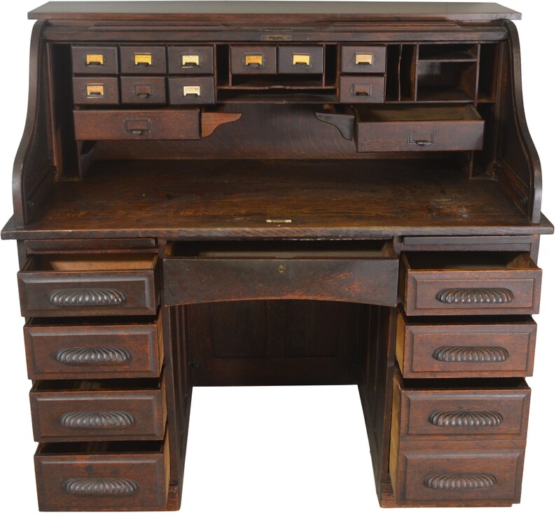17611 Oak Roll Top Desk With Carved Handles 17611 Oak Roll Top Desk With Carved