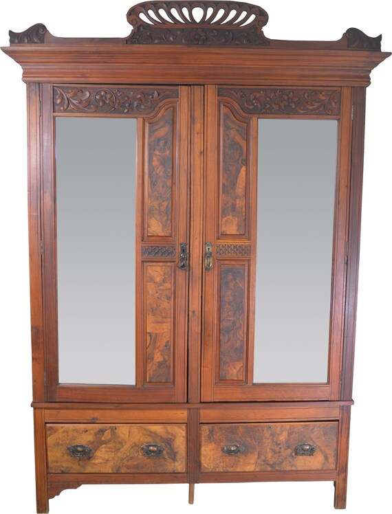 17674 Victorian Burl Walnut Bevel Glass Carved Wardrobe Etsy