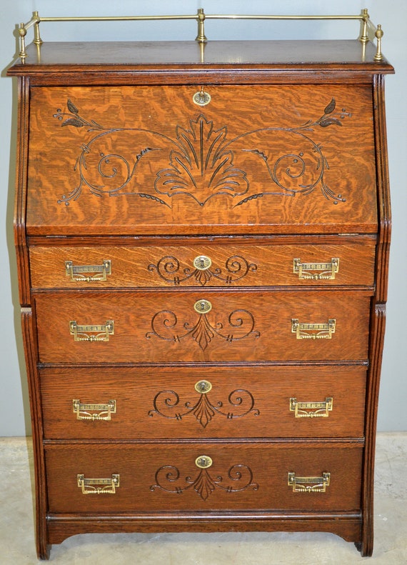 17728 Oak Carved Slant Top Governor Winthrop Victorian Desk Etsy