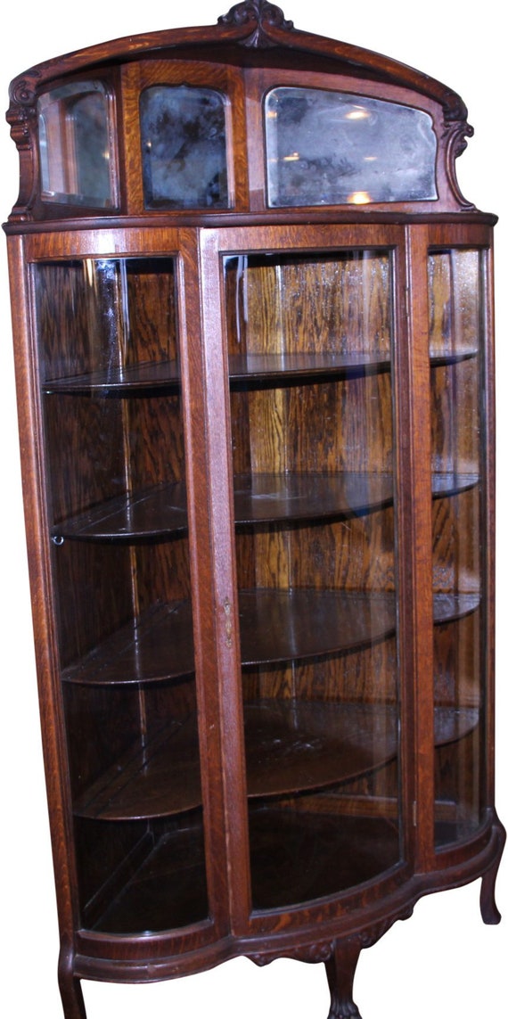 18294 Victorian Oak Triple Curved Glass Corner China Closet Etsy