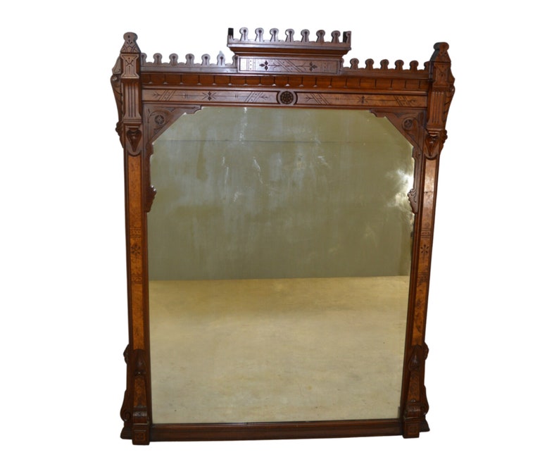 Large Antique Mirror, Victorian Burl Walnut Mantle Mirror #17950 