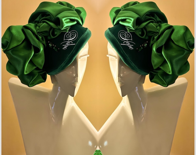 Featured listing image: Green Couture Chapeau  ||  Special Occasion  ||Draped Green Chapeau  ||  Millinery  ||  Hats  ||  Bespoke  ||  Designs By Hope  ||