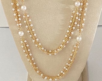 MOTHER'S DAY GIFT Audrey Hepburn Long Gold Necklace Multi Chains and Pearls 56 Inches by Camrose for Anniversary or Birthday Gift for Her