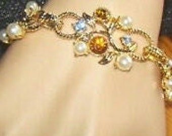 Jackie Kennedy Gold Bracelet with Topaz and Pearl Accents by Camrose for Wedding Anniversary or Birthday Gift for Her -524