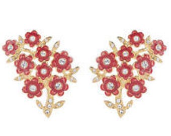 Jackie Kennedy Red Enamel Pierced or Clip On Earrings in Gold with Crystals for Anniversary or Birthday Gift for Her - 15