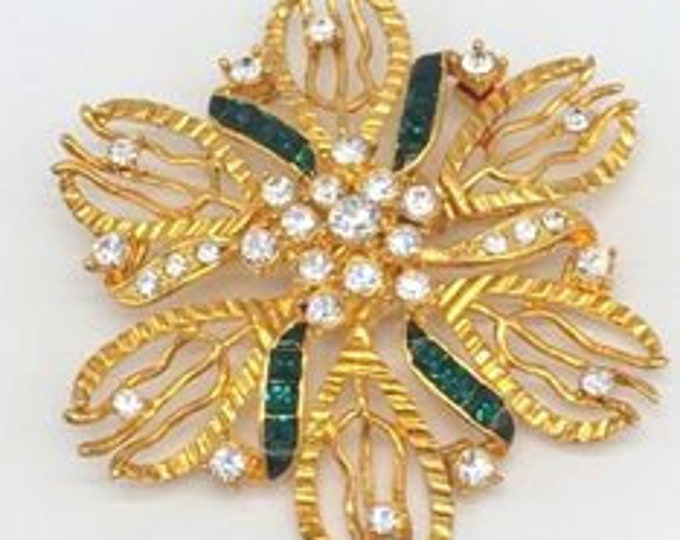 Jackie Kennedy Emerald Brooch - Gold with Green and Clear Stones - 170