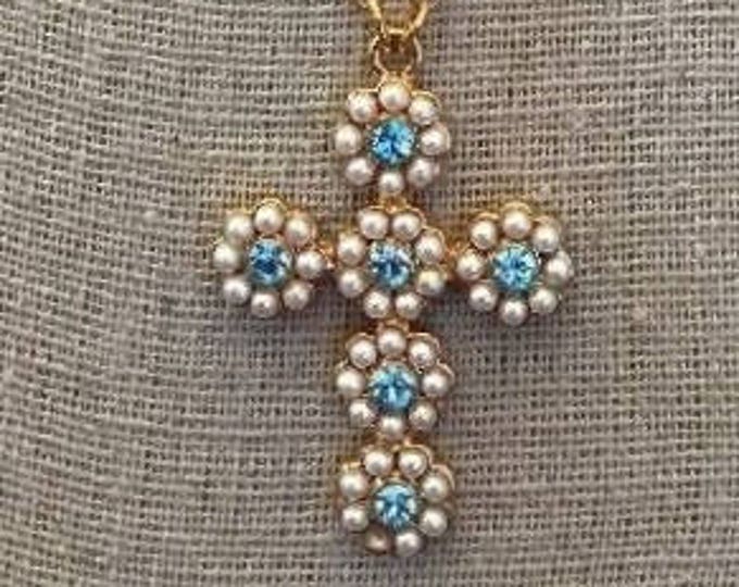 Jackie Kennedy Pearl Cross Necklace with Blue Stones by Camrose and Kross for Graduation, Anniversary or June Birthday Gift for Her