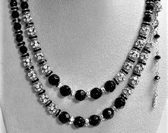 Audrey Hepburn 42 Inch Long Black and Silver Necklace with Rhinestones by Camrose and Kross for Wedding Anniversary or Birthday Gift for Her